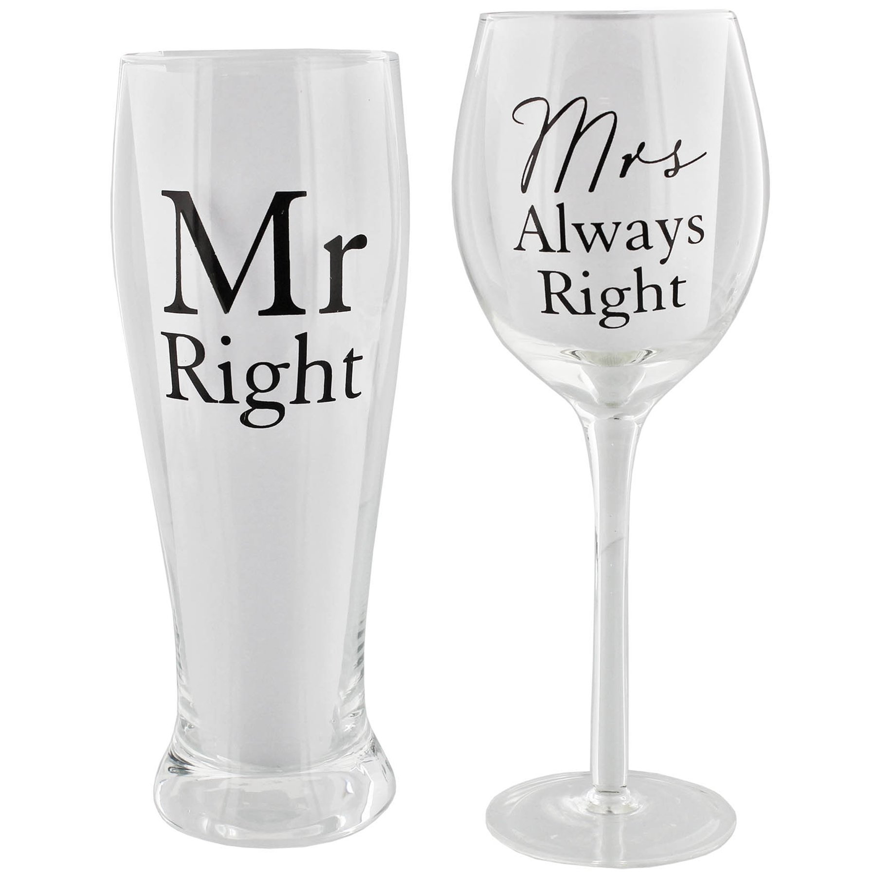 Amore Mr Right and Mrs Always Right by Amore Pint & Wine Glass Gift Set