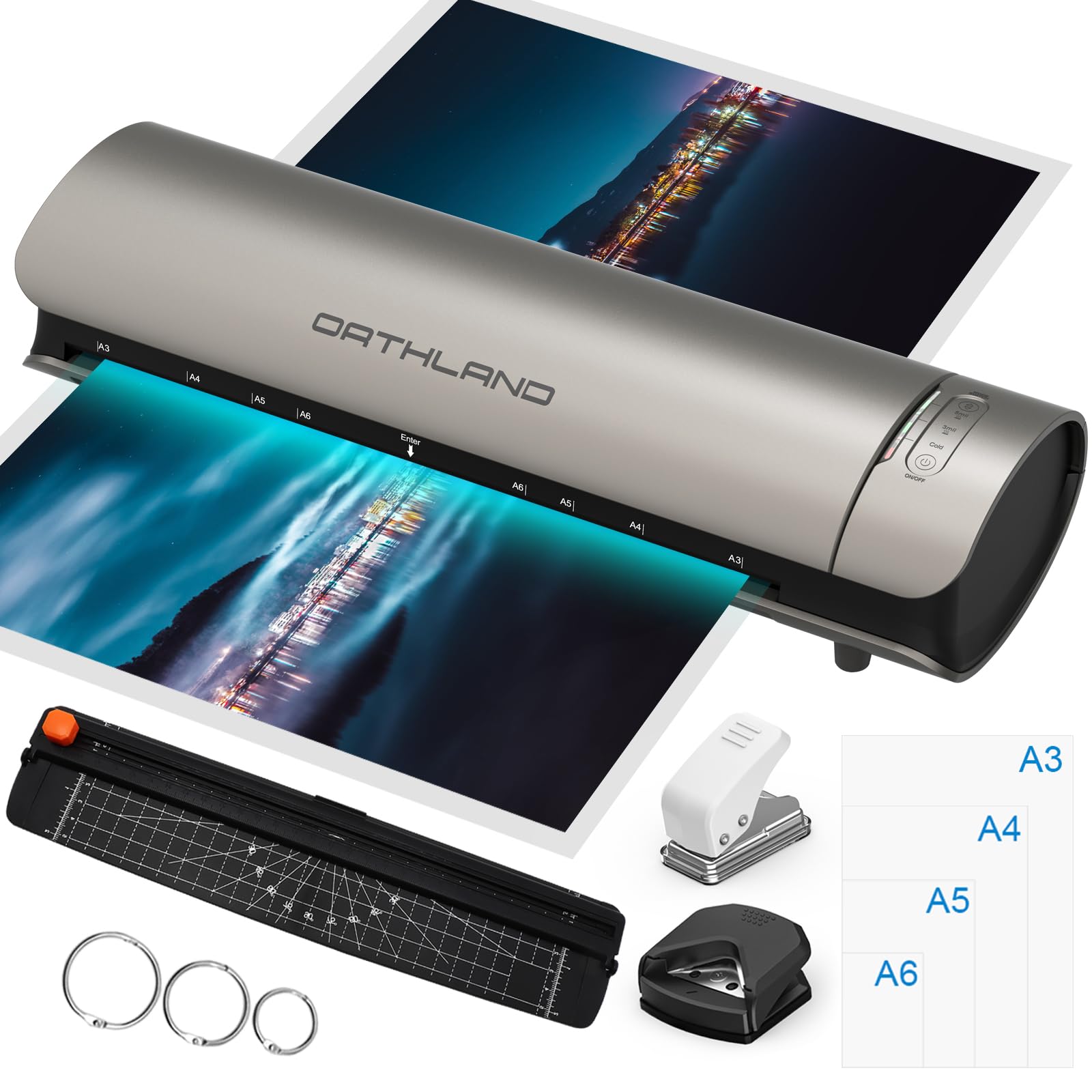 Orthland Laminator A3 with Laminating Pouches, Pack of 30 for A3 A4 A5 A6, 9 in 1 Hot and Cold Laminator Set with Paper Cutter and Corner Rounder for Office, School and Home, 80/125 Micron