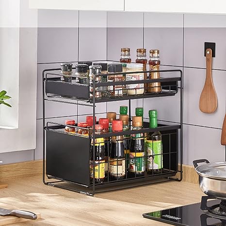 Amazon Co Jp シンク下収納 シンク下スライドラック2段 幅22cm 多機能のキッチン収納 スライド式 ステンレス棚 調味料 収納 シンク下 ボトルラック 40x22x39cm ブラック ホーム キッチン
