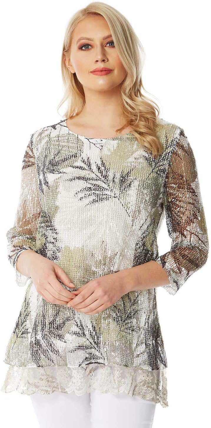 Mesh Overlay Floral Print Blouse for Women UK - Ladies Smart Top Casual T-Shirt Summer Holiday Spring Flower Printed Mesh Layer Stretch Jersey Comfy Tee Shirt