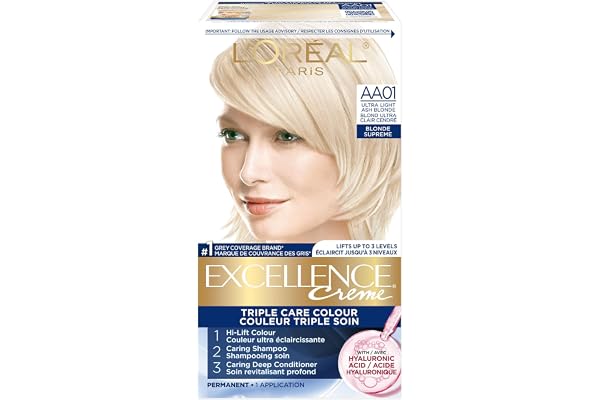 L'Oréal Paris Excellence Crème Hair Dye with Hyaluronic Acid, Ultra Light Ash Blonde AA01, Hair Color for Women, 100% Grey Co
