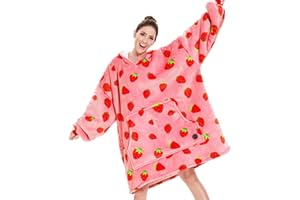 THREE POODLE Wearable Blanket Hoodie, Oversized Sherpa Sweatshirt Blanket for Adults Women Men, Warm Cozy Strawberry Hooded B
