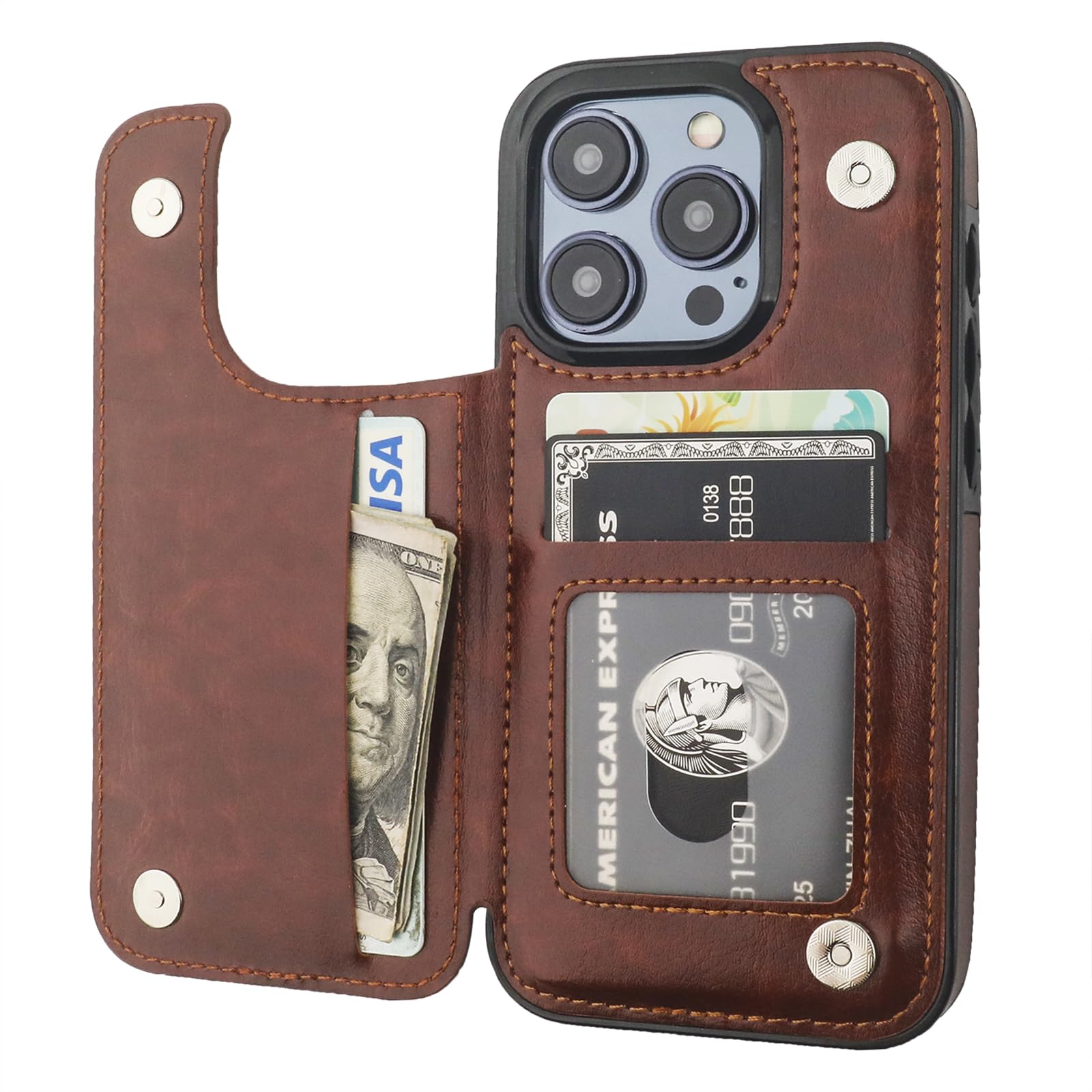 ONETOP Compatible with iPhone 15 Pro Wallet Case with Card Holder, PU Leather Kickstand Card Slots Case, Double Magnetic Clasp and Durable Shockproof Cover 6.1 Inch (Brown)