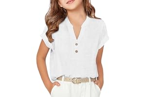 Youth Girls Linen Shirts Summer Casual Button Up V Neck Tunic Blouses 2025 Kids Trendy Plain Short Sleeve Tops Henley Shirt