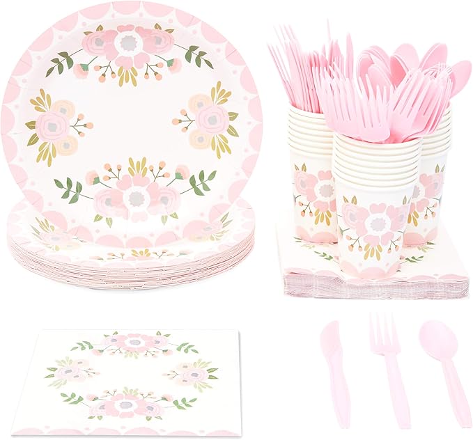 Vintage Floral Party Supplies with Plates, Cups, Napkins