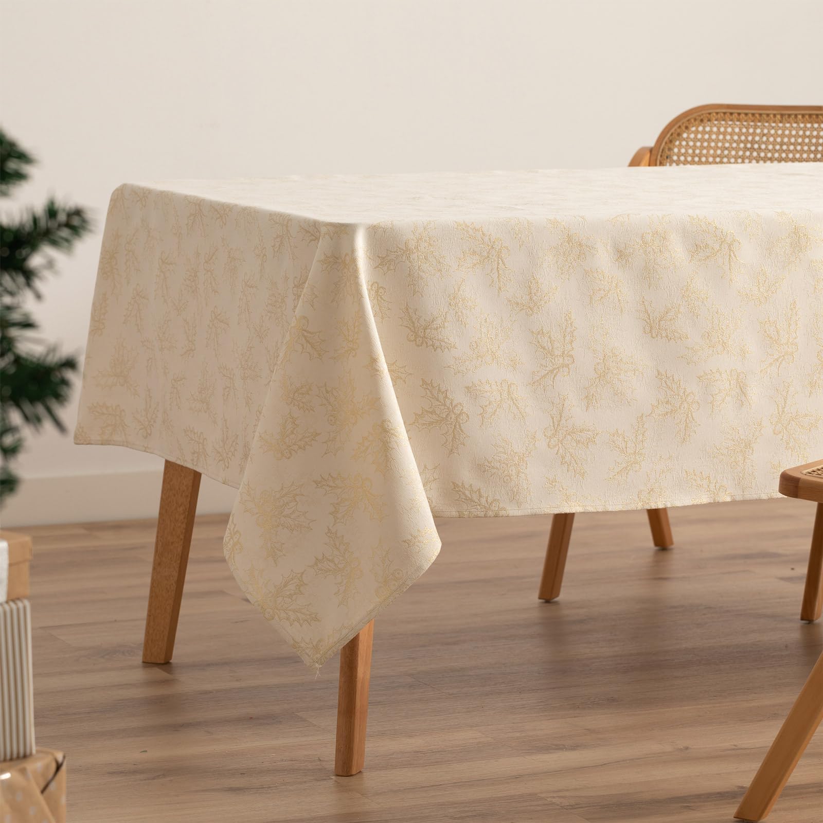 GAMUSI Tablecloth Christmas Jacquard Golden Thread Dining Table Rectangular Christmas Decoration 140 x 300 cm, Ecru