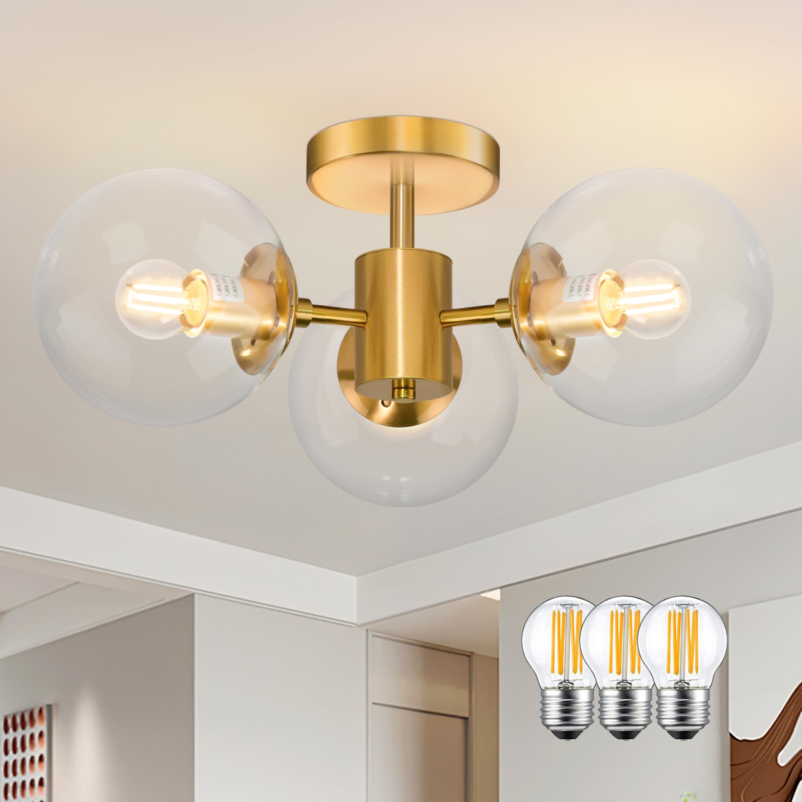 Photo 1 of ***MISSING PARTS***
Bagood Mid Century 3-Light Clear Globe Glass Gold Chandelier 19 Inch Modern Brass Semi Flush Mount Ceiling Lights Modern Light Fixtures Ceiling Lights Fixture for Bedroom Living Room Hallway Entryway