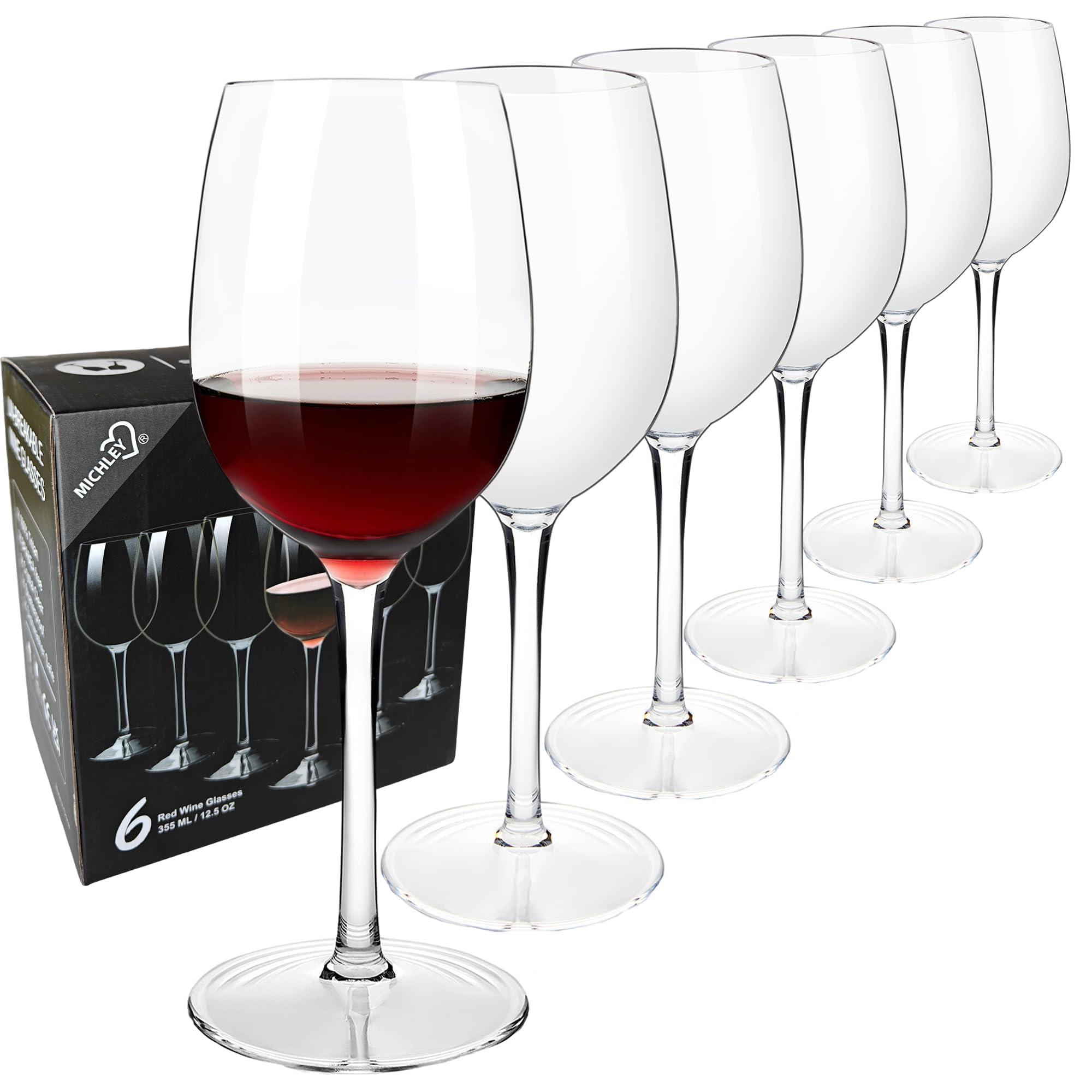 COOKY.D Tritan-Plastic Floating Red Wine Glass, Unbreakable, Elegant Long Stem Goblet, Unique Gift for Pool Wedding, Anniversary, Valentines Day, Birthday, Dishwasher Safe, 355ml, Set of 6