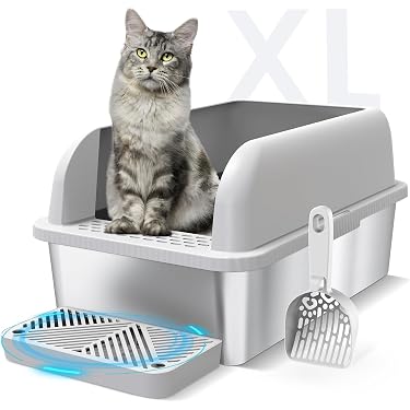 berto cat litter sifter box Furrbby Stainless Steel Sifting Litter Box with Lid for Big & Multi Cat, Easy Clean, with Scoop, Grey