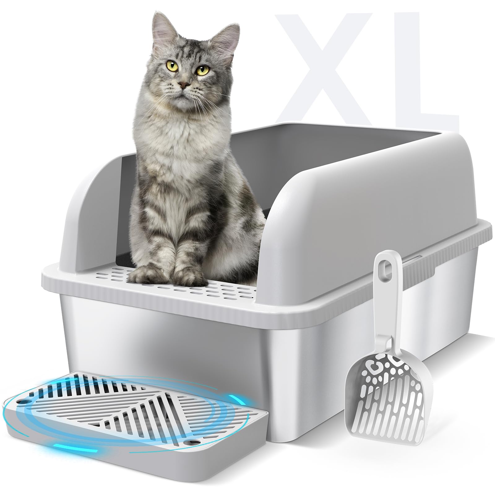Suzzipaws Enclosed Stainless Steel Cat Litter Box with Lid Extra Large Litter Box for Big Cats XL Metal Litter Pan Tray with High Wall Sides Enclosure, Non-Sticky, Anti-Leakage, Easy Cleaning Image