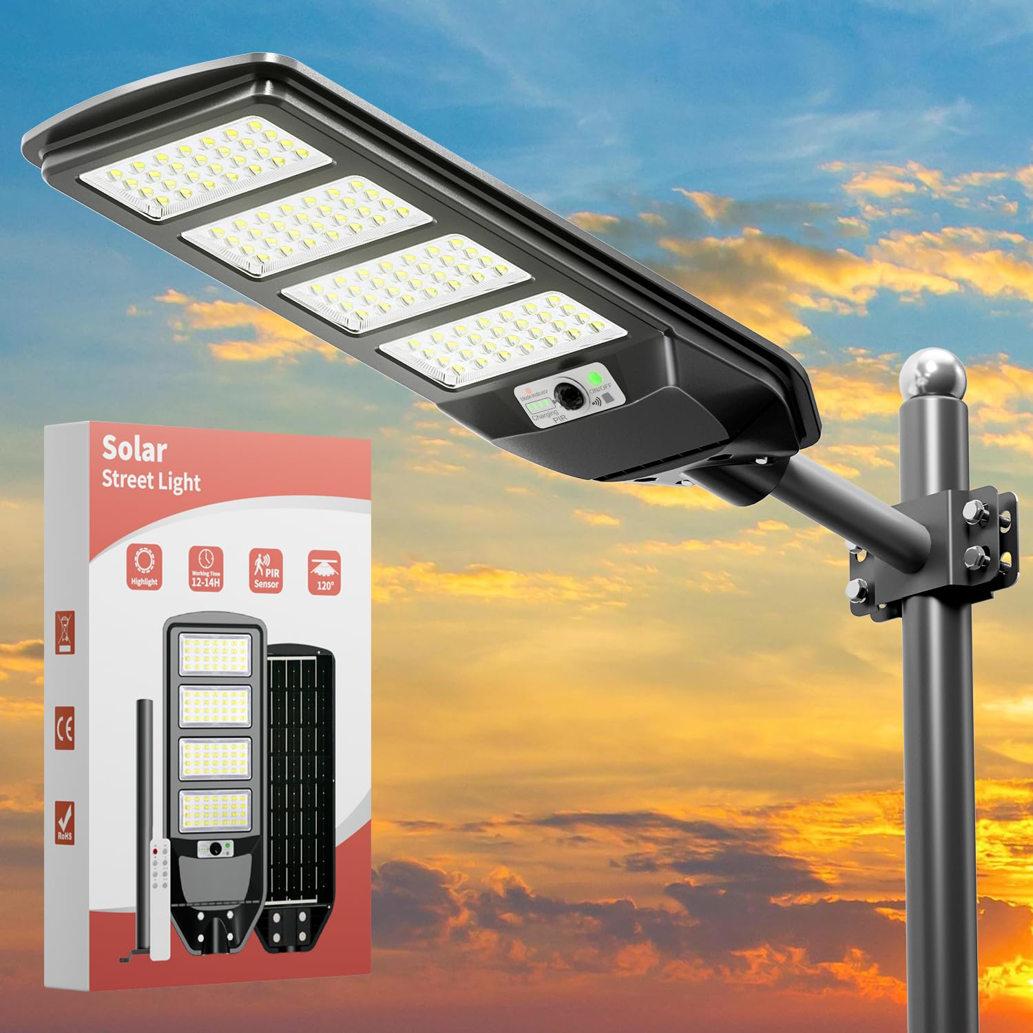 Solar Lights Outdoor Waterproof, 6500K Dusk to Dawn Solar Street Lights with Motion Sensor, All-Weather Resistant, LED Security Flood Light for Outside Yard Garage with Remote Control