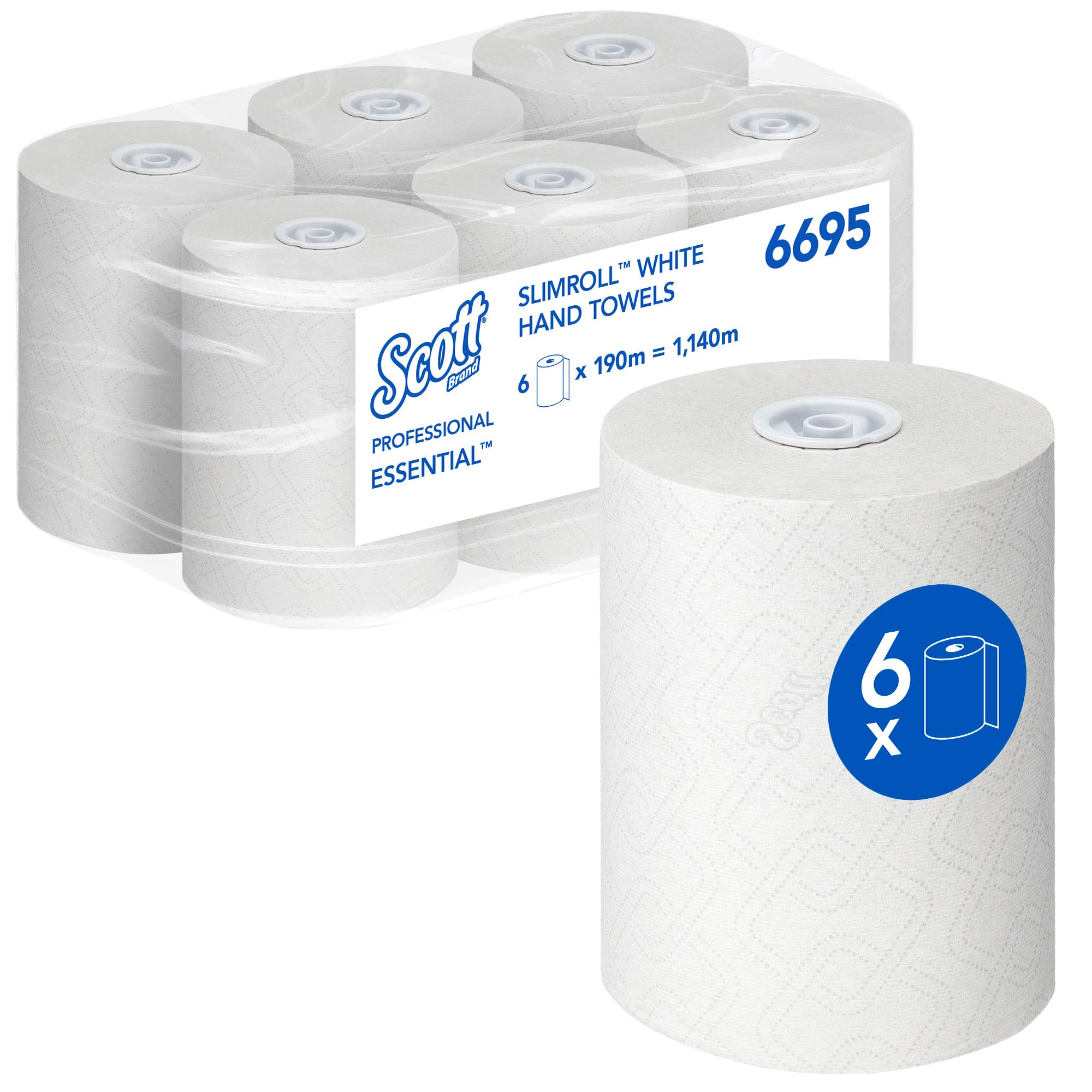 Scott Essential Slimroll White Paper Towel Rolls, Airflex Technology, Food Contact & European Ecolabel Certified, Compatible with Aquarius Dispensers, 6 Rolls x 190m (1,140m Total), model nr. 6695