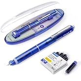 WRITECH Blue Ink Fountain Pen: Clictek Set Medium Nib Retractable Design Transparent Barrel with 5 Ink Cartridges