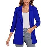 LADI TREND Women's Ruched 3/4 Sleeve Blazer One Button Solid Color Long Jacket Blazer Notched Collar Coat *Royal Blue,Size L*
