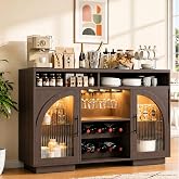 54" Coffee Bar Cabinet with Storage, LED Lights and Arched Glass Doors | Brown Wine Bar Cabinet with Wine Rack and Adjustable Shelves, Wood Grain Top for Kitchen, Home Bar, Dining Room, Living Room