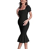 Maternity Summer Midi Bodycon Dresses, Short Puff Sleeve Square Neck Ruffle Hem Mermaid Baby Shower Dress