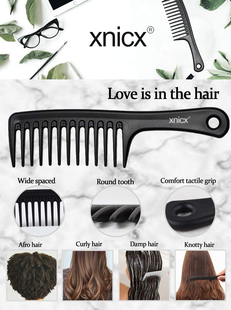 Xnicx Wide Tooth Detangling Comb - Afro Hair Brush With Handgrip for Long Wet or Curly Hair - Improves Blood Circulation - Black - Image 4