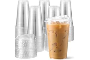 AOZITA 100 Pack - Clear 16 Oz Plastic Cups With Lids, Disposable Iced Coffee Cups With Lids for Party Drinks, Bubble Tea and Cold Beverage, BPA Free & Food Safe