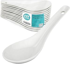 [24 Pack] White Ceramic Porcelain Asian Soup Spoons - Chinese Wonton Soup, Pho Bowl, Japanese Ramen, Appetizer, Individual Dessert Tasting and Serving, Hot or Cold Food, Microwave and Dishwasher Safe