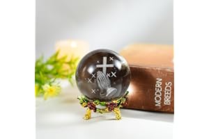 ZEERSHEE 60mm 3D Hand Holding Cross Crystal Ball with Rose Stand Laser Engrave Praying Hands Religious Gifts for Women Christian Glass Paperweight Home Decor