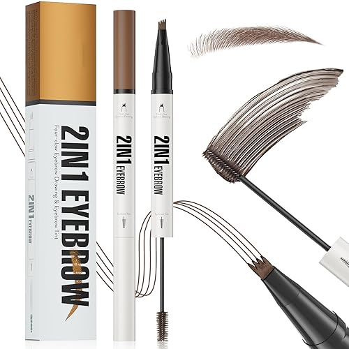 Microblading Eyebrow Pen - Waterproof 2-in-1 Dual-Ended Eye Brow Pencil + Tinted Eyebrow Gel with 4 Micro-Fork-Tip & Spoolie Brush, Create Natural Hair-Like Brows, Last All-Day (BROWN)