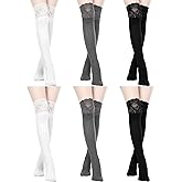 Fourluoo 6 Pairs Women's Lace Socks Lace Thigh High Socks with Trim Lolita Stocking Long over Knee Stocking for Women