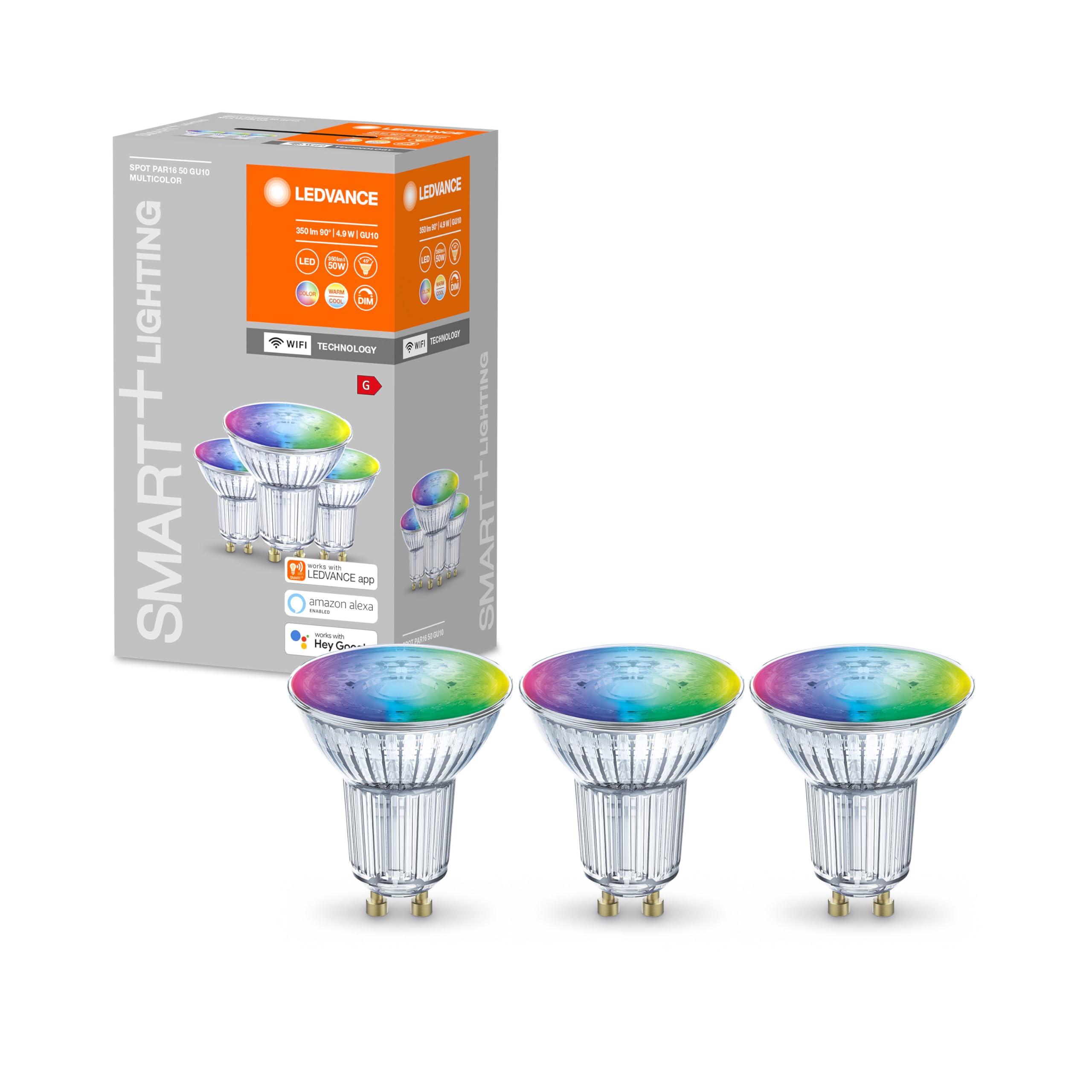 LEDVANCE Smart LEDReflector Lamp with WiFi Technology, Base: GU10, Tunable White (2700-6500K), RGB Colors Changeable, Di mmable, Replaces Reflector Lamps with 32 W, SMART+ WiFi SPOT RGBW, Pack of 3
