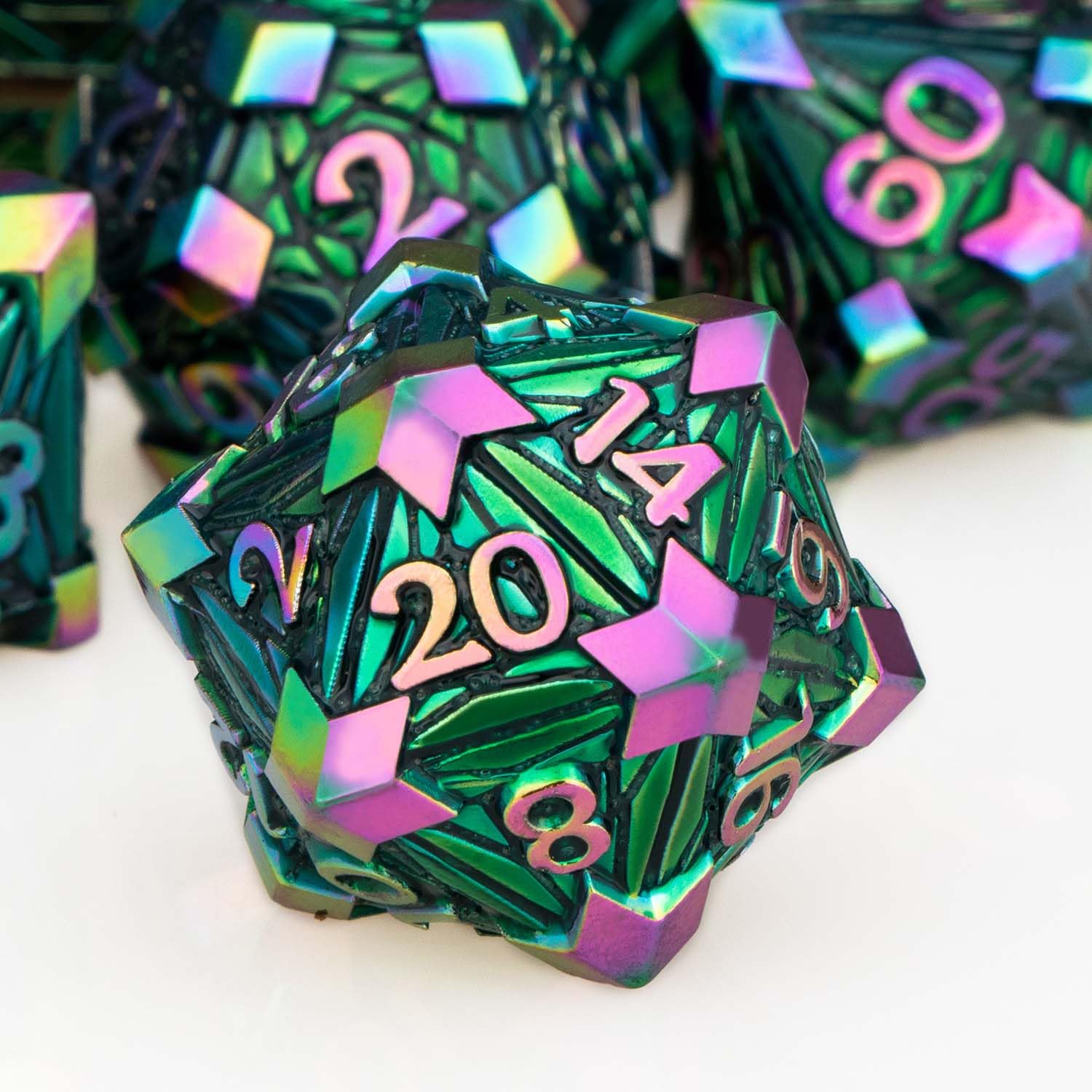 ORIFANTOU 7PCS Metal DND Dice Set with Box, Debris RPG Colorful Green D and D Dice for use with D&D Tabletop Games Role Playing Game Polyhedral Dice Set D20 D12 D10 D8 D6 D4 — image 1