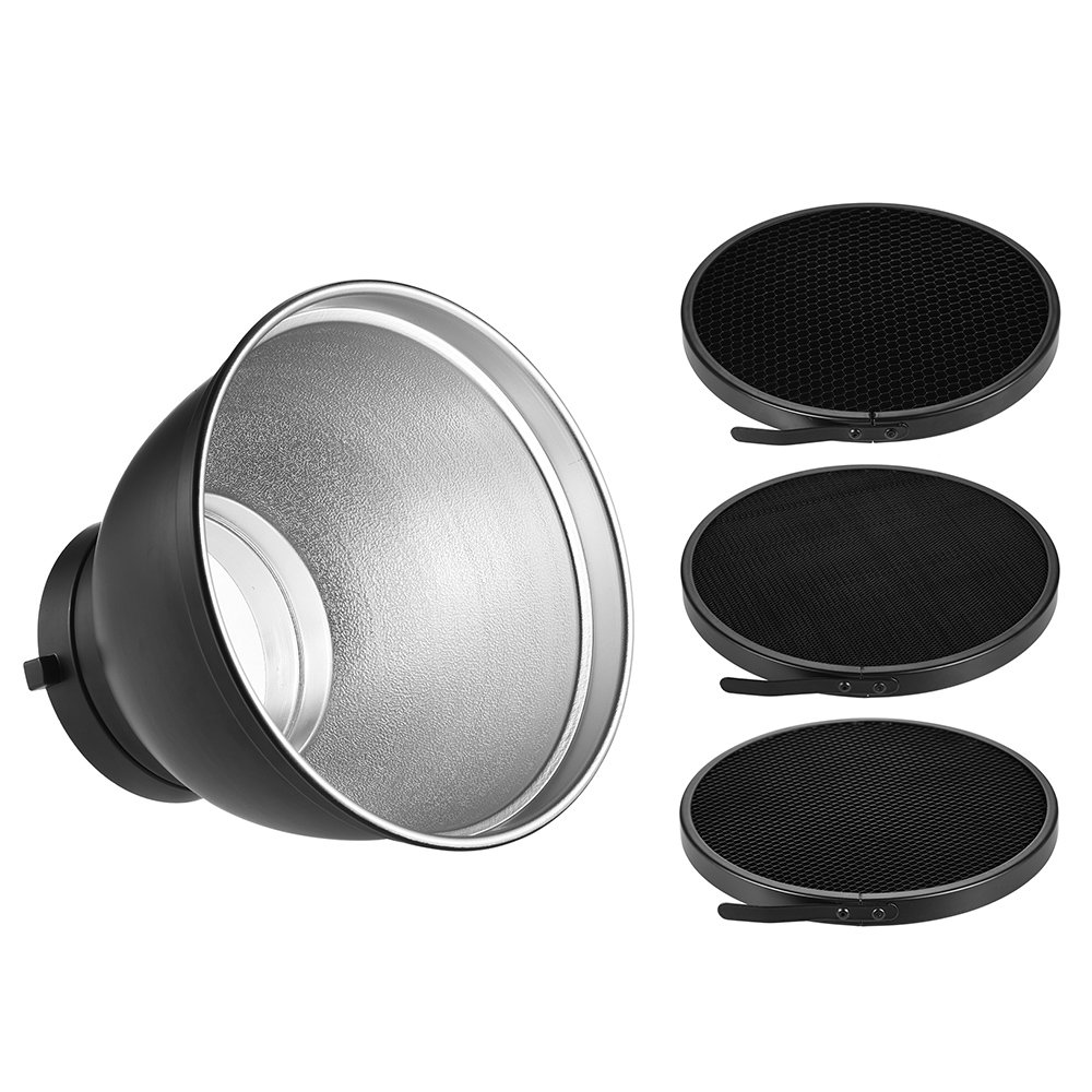 Andoer 7 inch standard reflector with 10 °, 30 °, 50 ° honeycomb grid for Bowens mount studio strobe flash light.