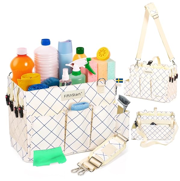 FIFTHSTART CLEANING CADDY FOR CLEANING SUPPLIES – LARGE CLEANING BAG ORGANIZER TOTE WITH SHOULDER STRAP, MESH BASE & ADJUSTABLE DIVIDERS – HEAVY DUTY CLEANING BAGS FOR HOUSEKEEPERS (BLUE CHECK, LARGE)