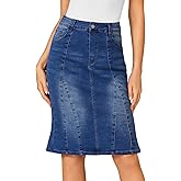 LYANER Women's Denim High Waisted Knee Length Pencil Mermaid Stretch Jean Skirt