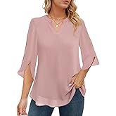 joyliveCY Women's 3/4 Sleeve Chiffon Blouses for Women Dressy Casual, V Neck Double Layers Chiffon Blouses 2025, Tunic Tops