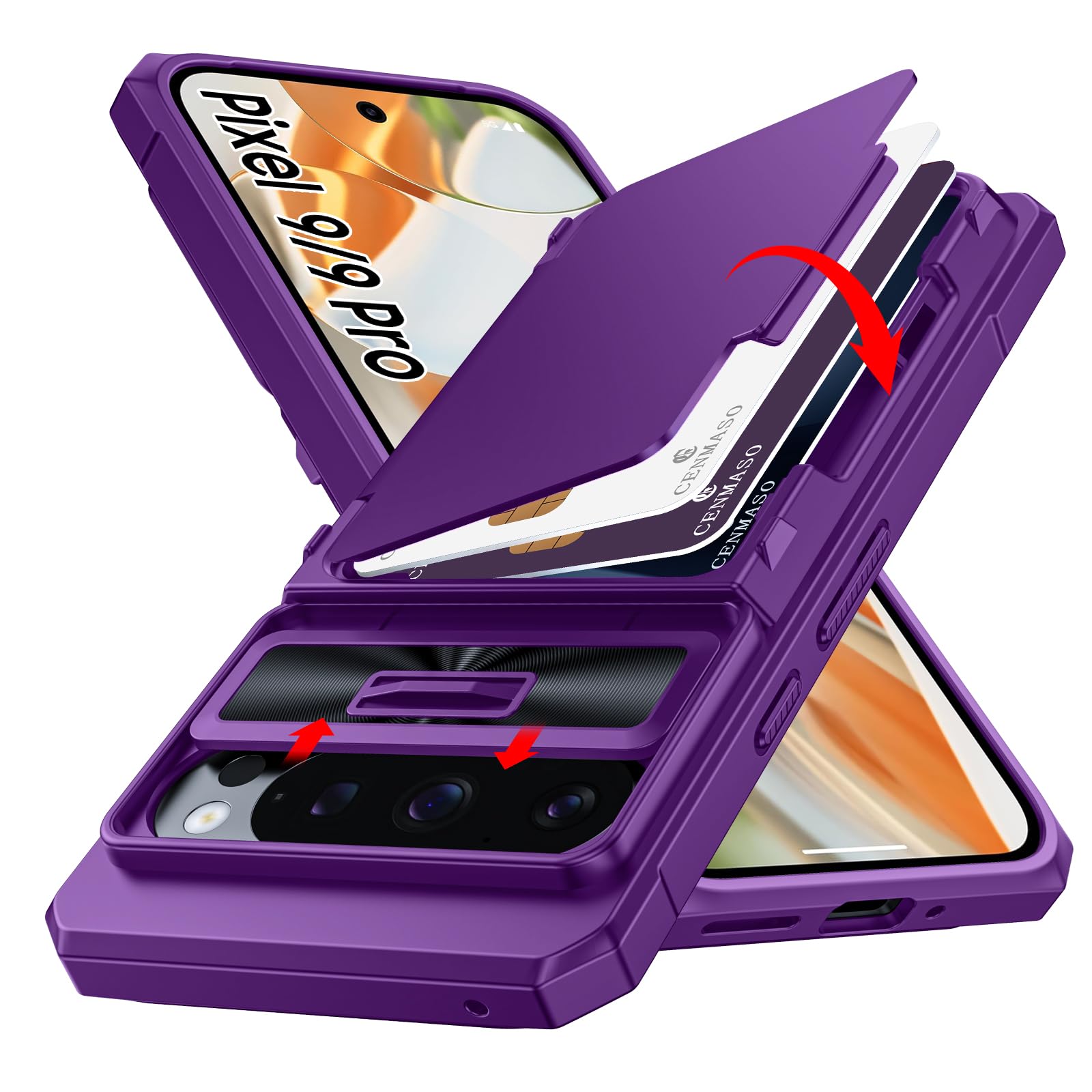 CENMASO for Google Pixel 9 Case/Pixel 9 Pro Case with Card Holder (4 Cards) Sliding Camera Cover & Kickstand【RFID Blocking】TPU Edge Full-Body Shockproof Wallet Case for Pixel 9/9Pro-Purple