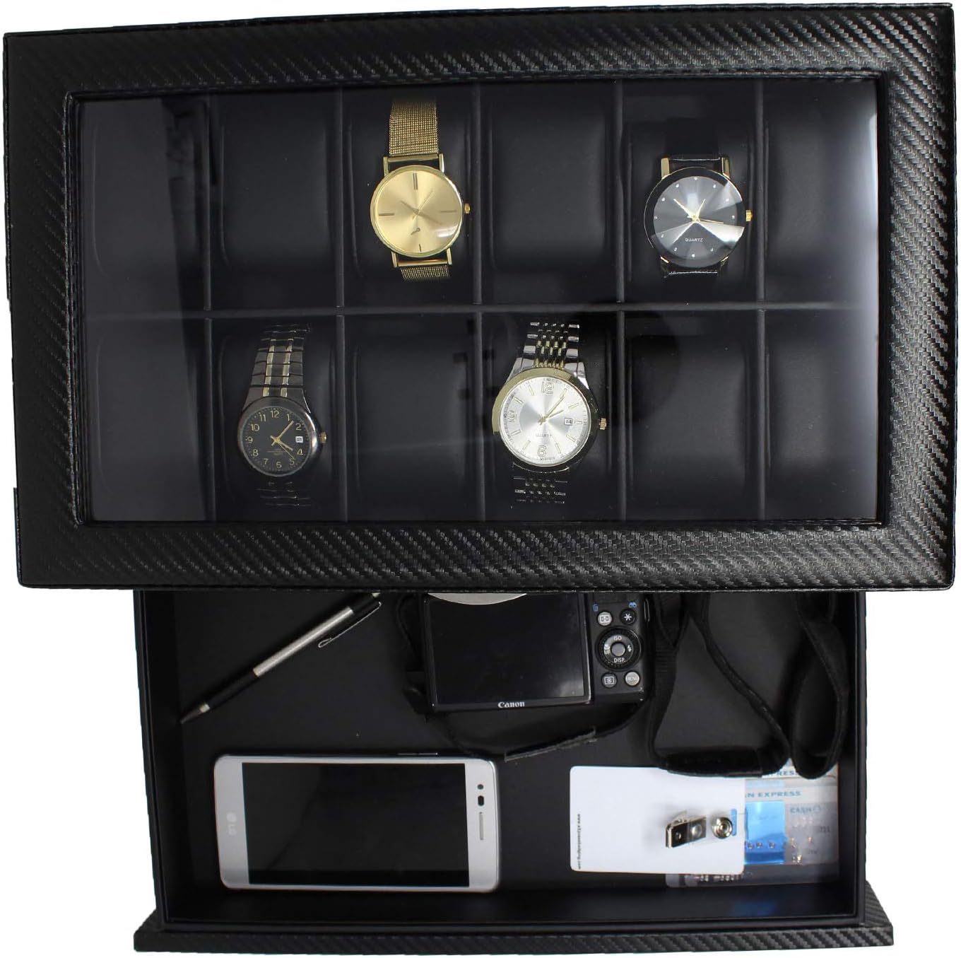 Watch Box- Display Case & Organizer For Men| First-Class Jewelry Watch Holder| 12 Watch Slots & Valet Drawer for Sunglasses, Rings, Phone| Sleek Black Color, Glass Top, Carbon Fiber, & Faux Leather: Home & Kitchen