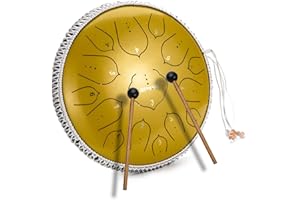 14 Inch 15 Note Steel Tongue Drum Qingshi Percussion Instrument Lotus Hand Pan Drum with Drum Mallets Carry Bag，Used for music education concert spiritual healing yoga meditation (Gold)