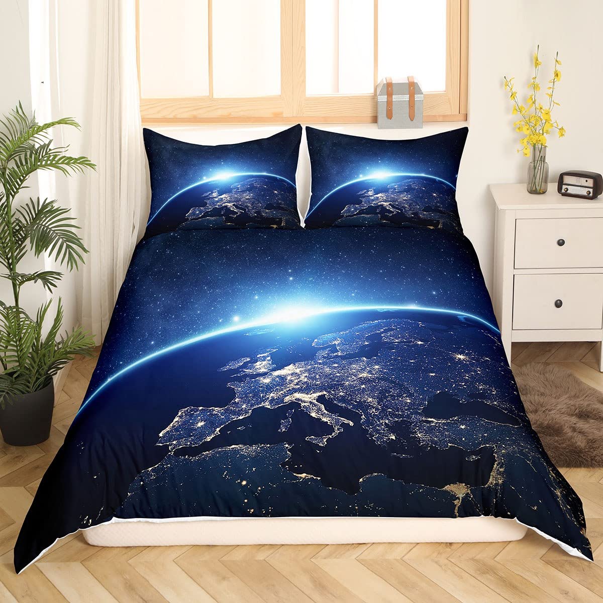 Loussiesd Earth Bedding Set Planet Outer Space Duvet Cover Set Dark Blue Galaxy Earth Comforter Cover for Children Boys Teenagers Teens Blue Planet Bedding King Size with 2 Pillowcase