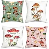 Bonhause Mushroom Throw Pillow Covers 18 x 18 Inch Various Mushrooms Green Pink Decorative Pillows Soft Velvet Cushion Cases for Couch Sofa Bed Home Decor Set of 4