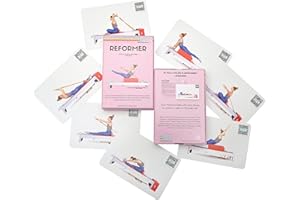 Close-up of the Pilates reformer deck and a fan of colorful exercise flashcards