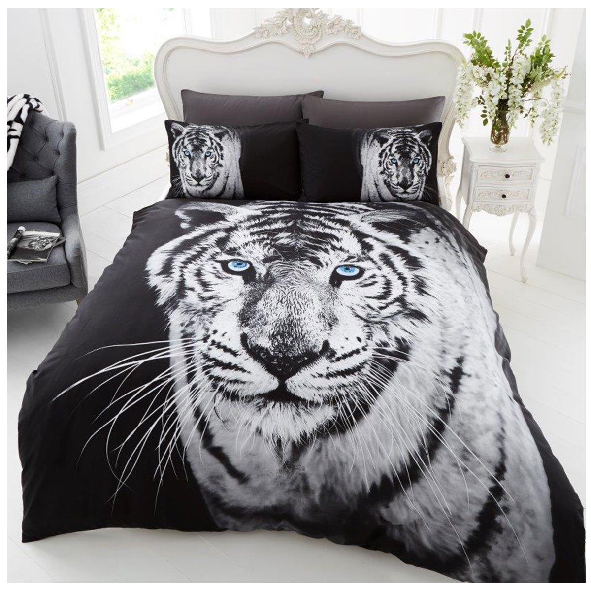 GC GAVENO CAVAILIA Wildlife Duvet Cover Sets, 3D Animal Bedding Set, Soft & Cosy Breathable Comforter Covers, White Tiger, Single