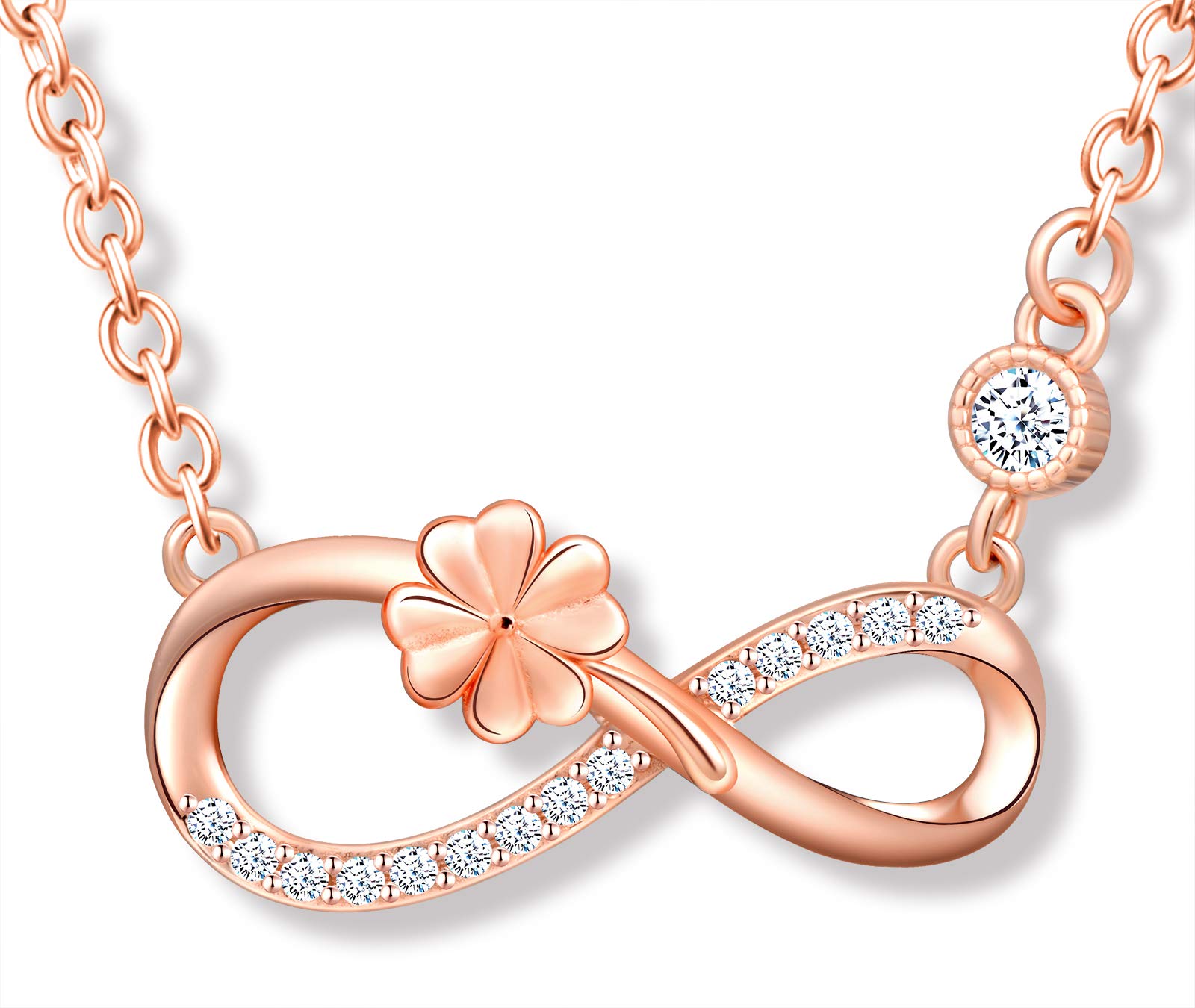 MicLee Women's girl's Necklace pendant, 925 Sterling Silver necklace, Cute Four leaf clover and infinity symbol necklace, Unique design necklace pendant, Inlaid zircon, shining pendant, rose gold