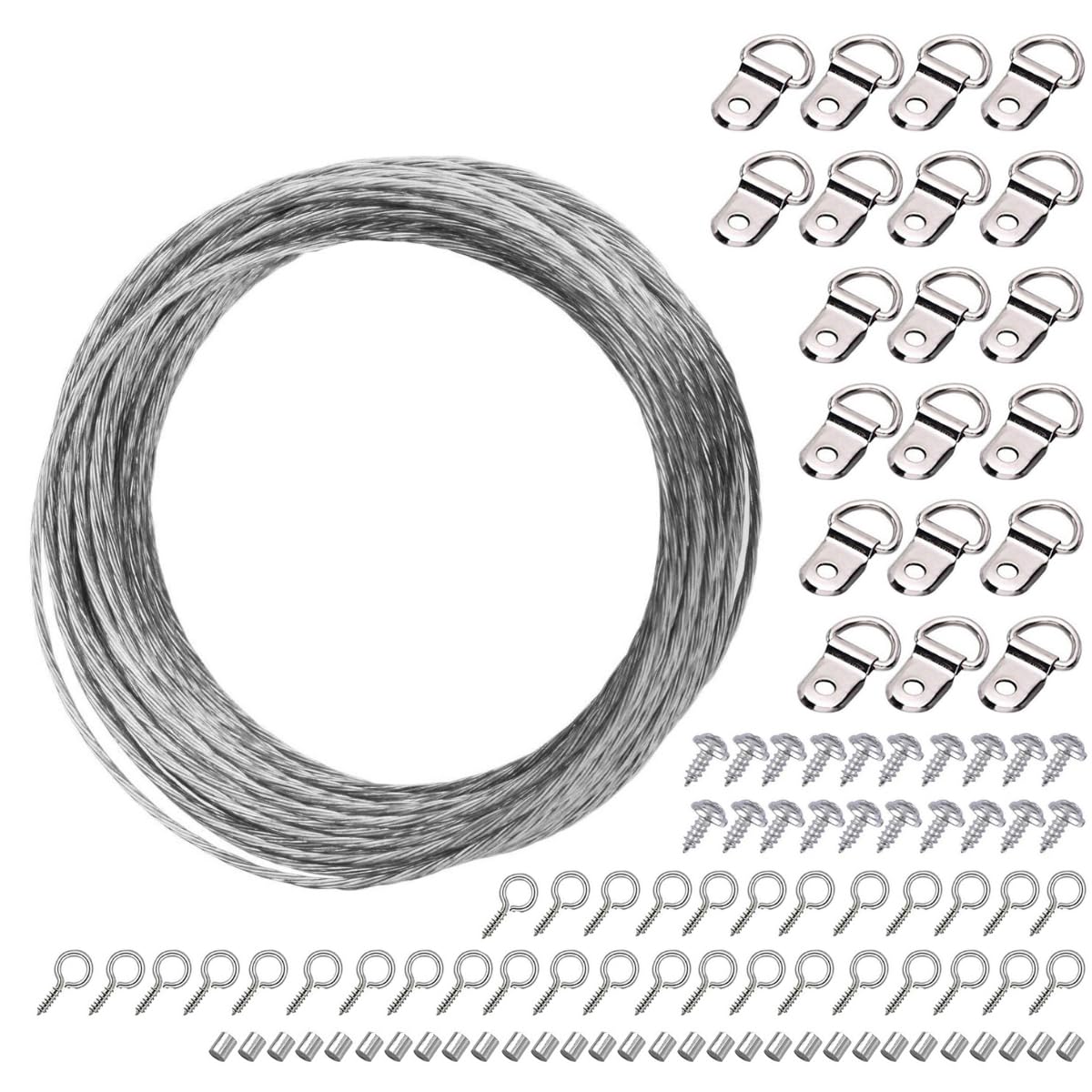 Belegao 10m/32.5ft Picture Hanging Wire Kit - Heavy Duty Metal Frame Hanging Wire with D-Rings, Screws, Picture Hooks and Crimping Loop Sleeve for Picture Photo Frame Mirror Clock Artwork, 0.75mm
