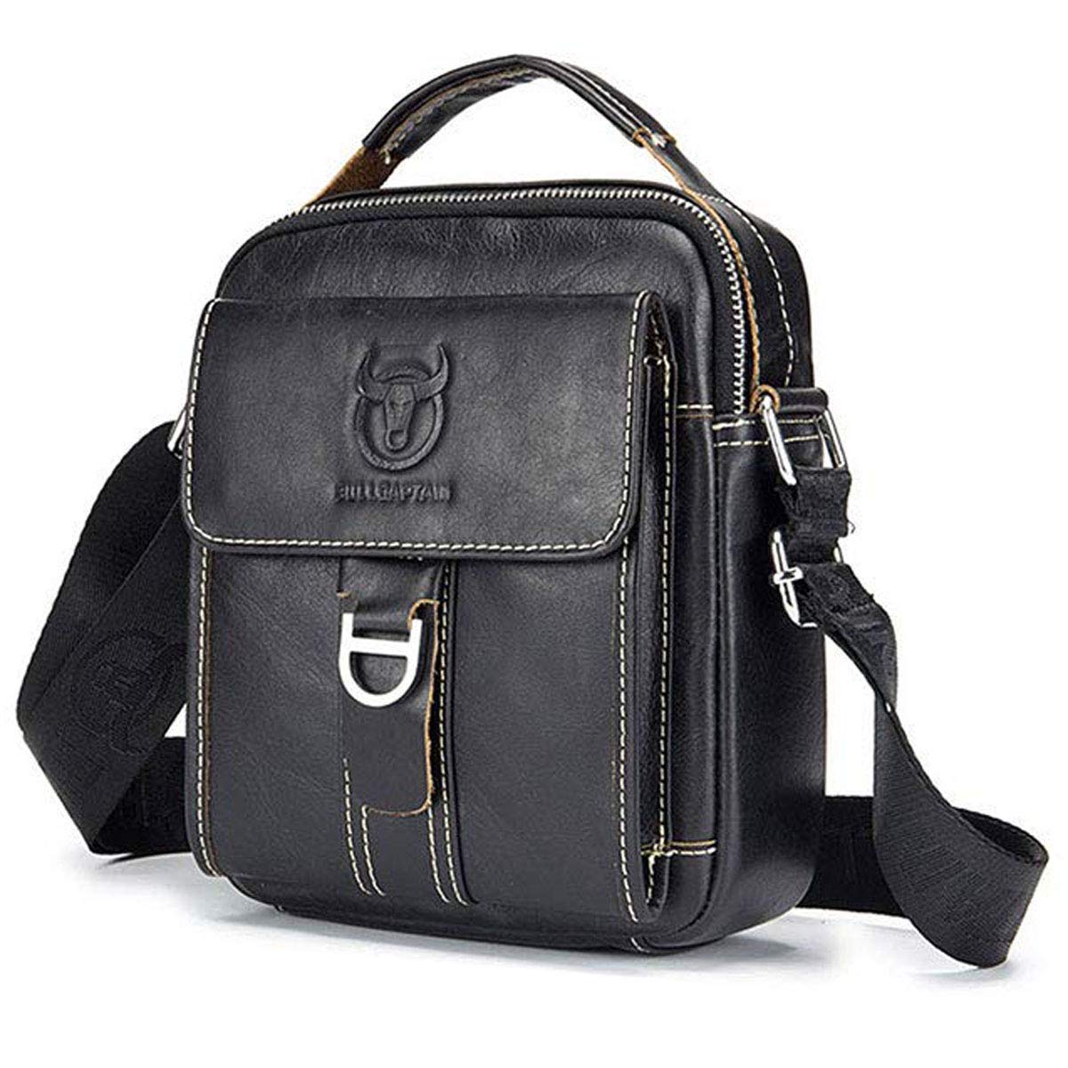 BULLCAPTAIN Men's Small Shoulder Bag, Genuine Leather Bag, Retro Lightweight Cross Body Everyday Satchel Bag for Business Casual Sport Hiking Travel Black