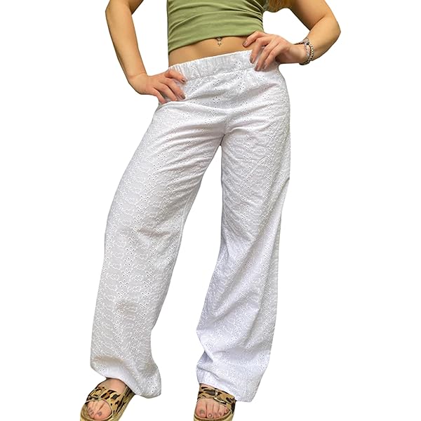 Raruxxin Y2K Eyelet Pants for Women Cute Flower Embroidered