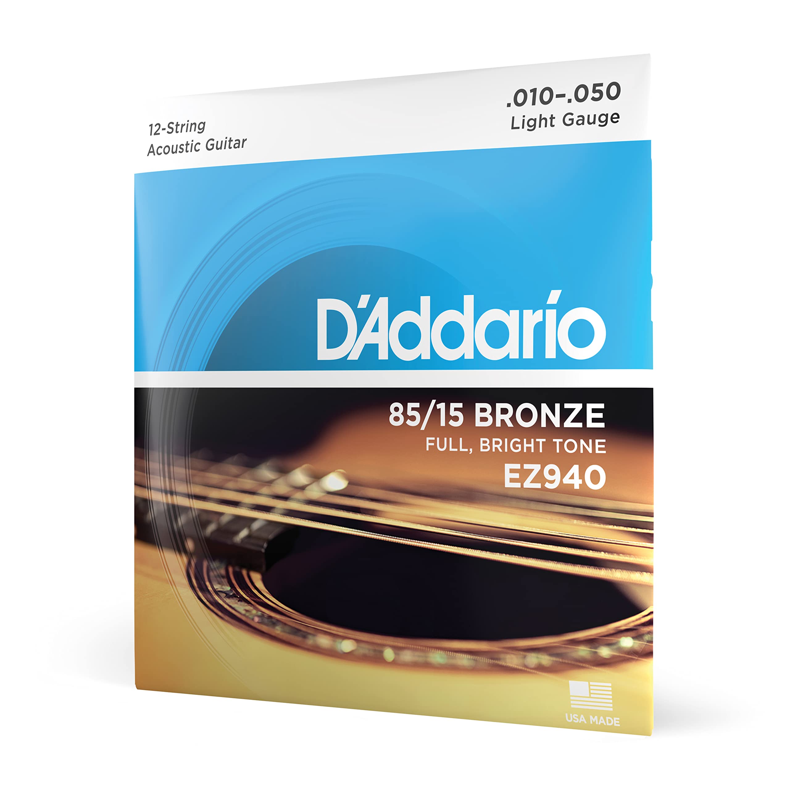 D'Addario Guitar Strings - Acoustic Guitar Strings - 85/15 Bronze - For 12 String Guitar - Full, Bright Tone - EZ940-12-String, Light, 10-47