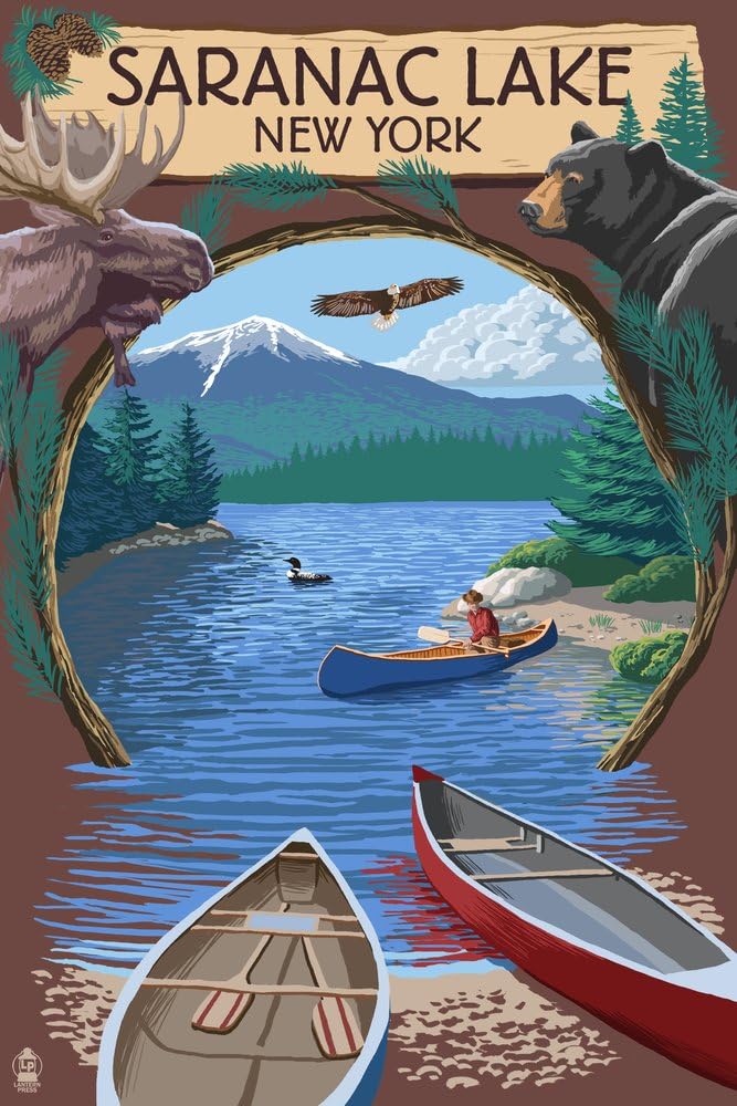 Saranac Lake, New York - Adirondacks Canoe Scene (9x12 Art Print, Wall Decor Travel Poster)