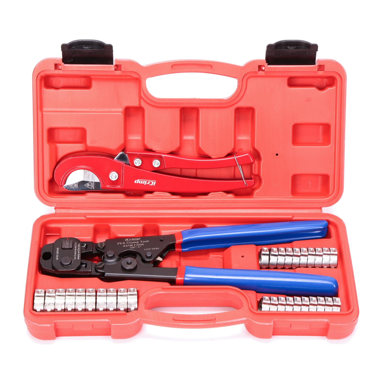 Photo 1 of iCrimp Ratchet PEX Cinch Tool with Removing Function for 3/8-in, 1/2-in, 3/4-in, 1-in Stainless Steel Clamp, PEX Crimper with 20PCS 1/2-in, 10PCS 3/4-in PEX Clamps and Pipe Cutter- All in One