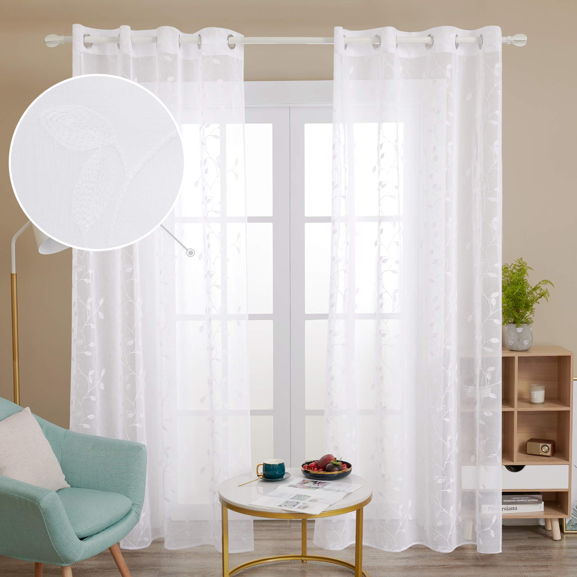 Deconovo Eyelet Faux Linen Net Curtains Embroidery Leaves Voile Curtains Super Soft Semi Sheer Curtains 55 x 70 Drop Inch White 1 Pair