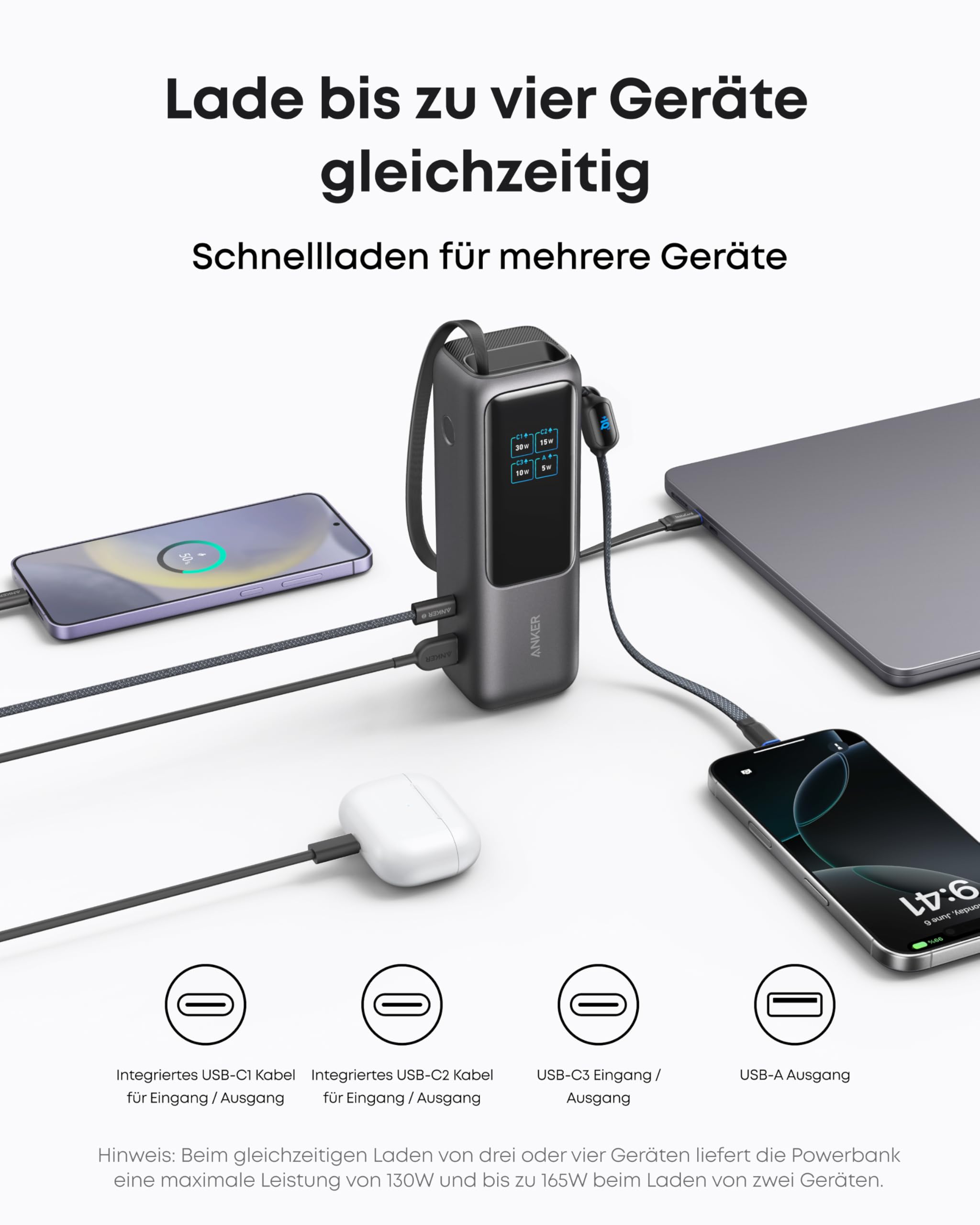 Anker Laptop Powerbank 165W 25000 mAh, Ladegerät mit 70cm ausziehbarem Kabel & Trageband, 3 USB-C Ports für Laden mehrerer Geräte, Für MacBook Pro, iPhone 17/16/15, Samsung und mehr (flugzeugtauglich) 5