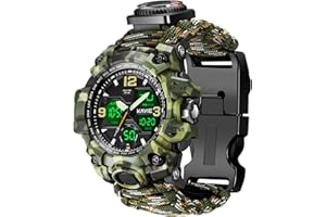 SMILKAT 23-in-1 Survival Military Digital Watch, Mens Tactical Multi-Functional and Adjustable Wristband Outdoors Waterproof Sports Dual Dial Watches with Compass Paracord Band