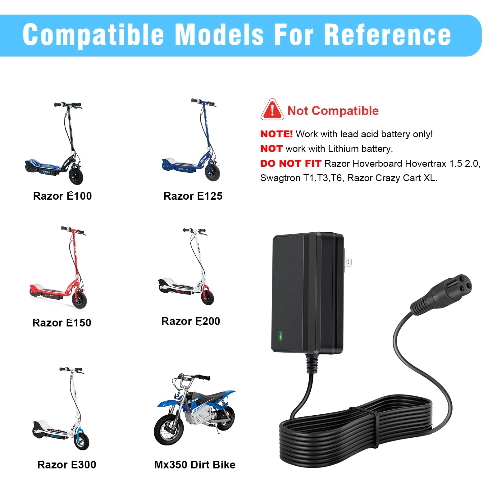 24V Electric Scooter Charger for Razor E300 E200 E150 E125 E100 MX350 Dirt Bike Pocket Mod Sports Mod Dirt Quad Motorcycle Razor Scooter Charger 3-Prong Inline Female Electric Battery Power Cord